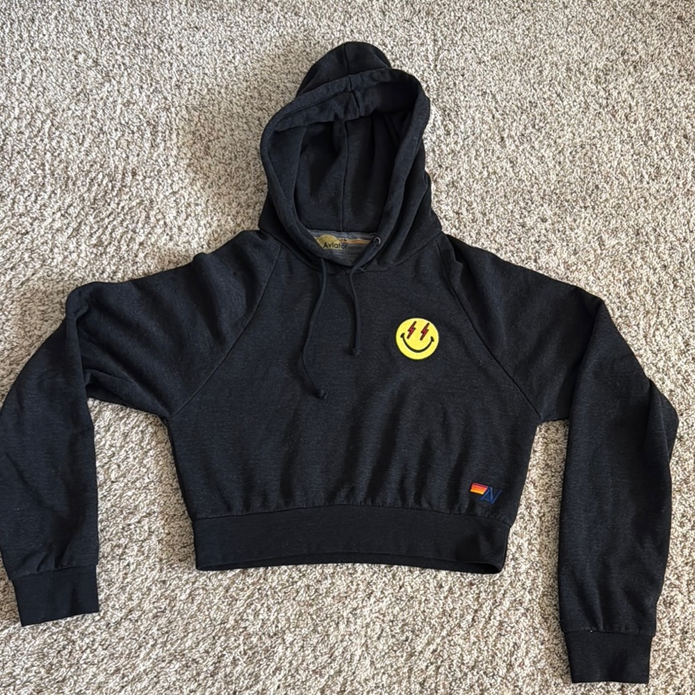 Aviator Nation Black Crop Hoodie with Yellow Smiley